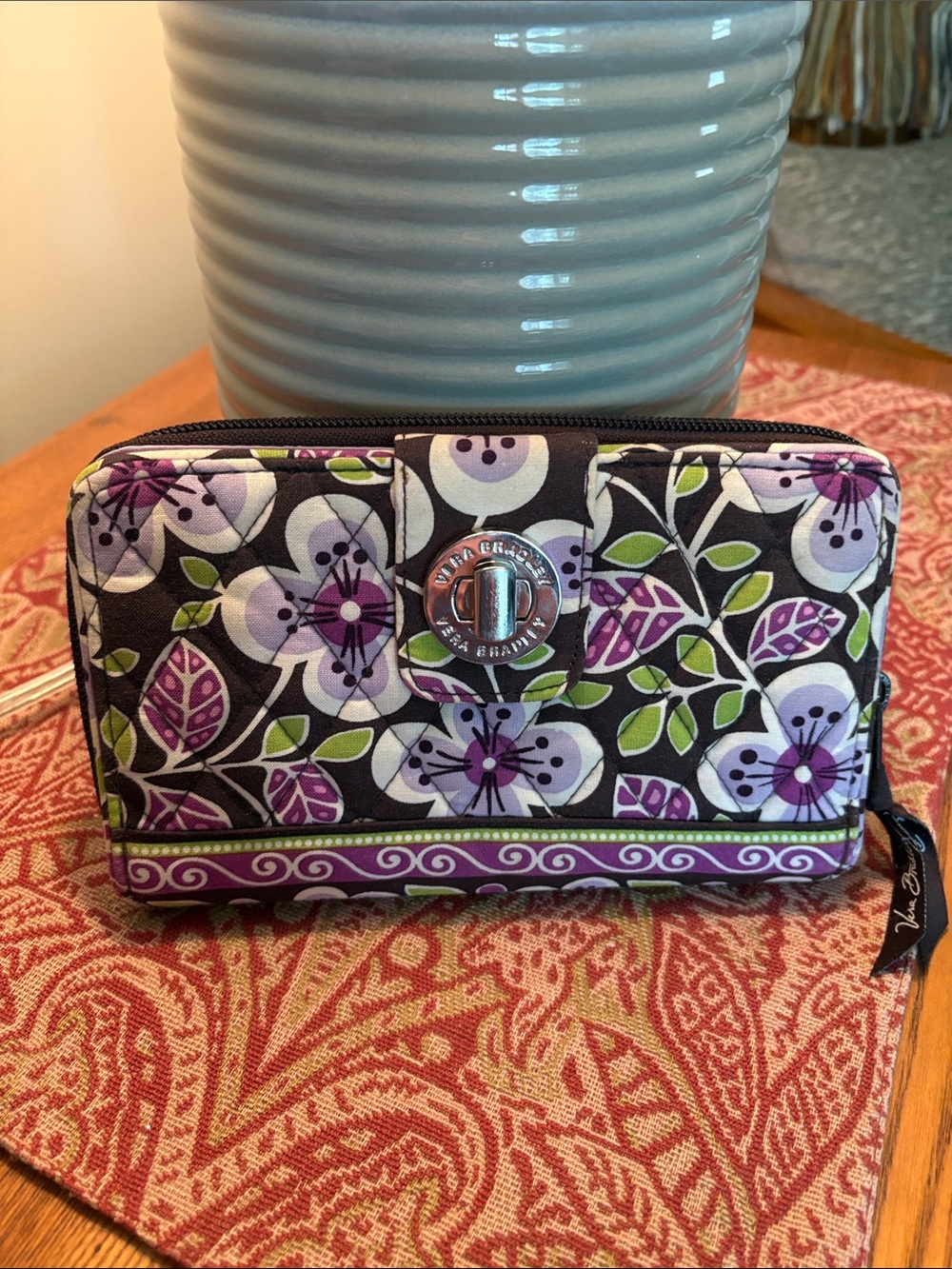 Vera Bradley Purple Floral Quilted Zip-Around Wallet with Turn-Lock